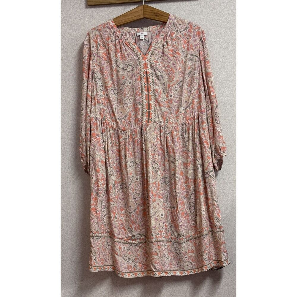 J.Jill Paisley Tiered Babydoll Midi Dress XL Boho Cottage Coastal Coral Pink - Picture 2 of 10
